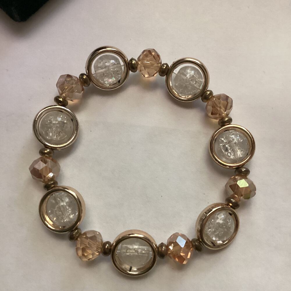 1740 NIB Glamorous Gold Sun Catcher Crystal-Like Bracelet Clear & Pink Beads